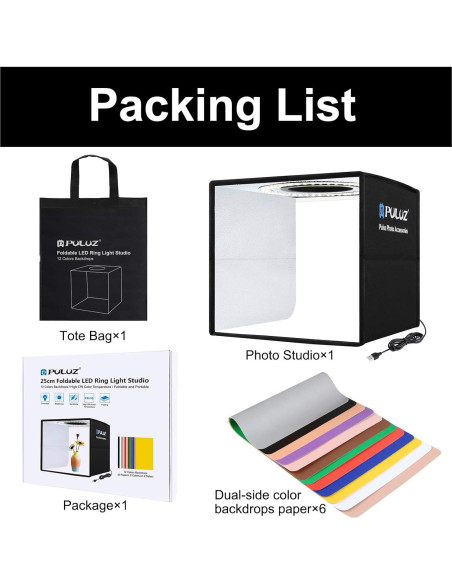 Caja de Luz Fotográfica PULUZ 25.4x25.4cm con LED y 12 Fondos