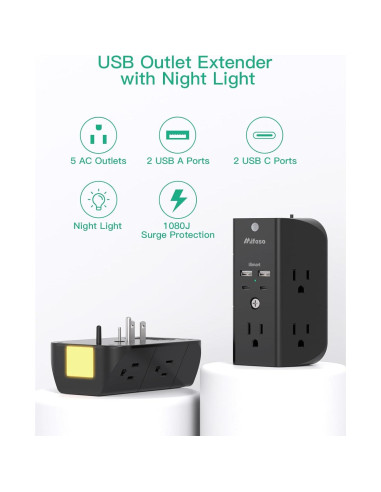 Extensor de Enchufe MIFASOPOWER 5 AC + 4 USB, Protector 1080J