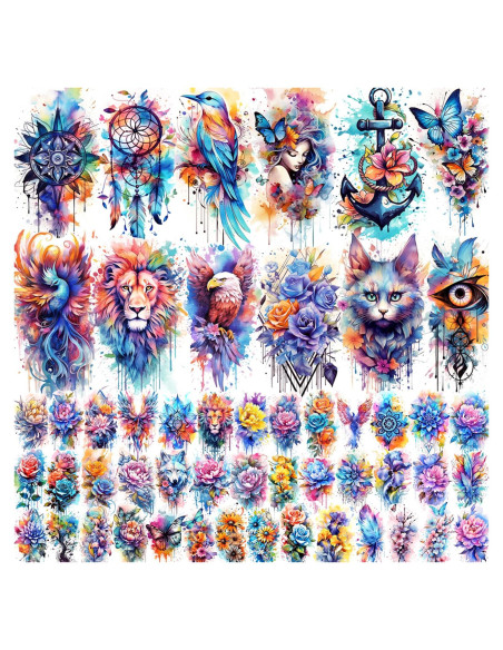 52 Tatuajes Temporales Acuarelados Glaryyears - Set Floral y Mandala