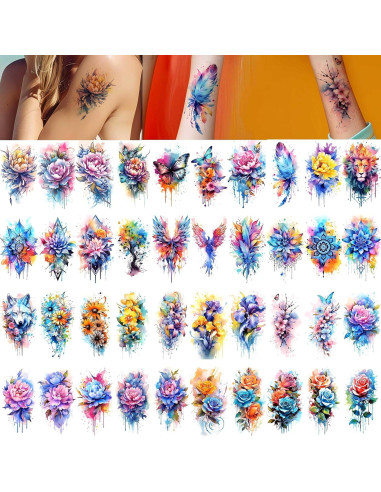 52 Tatuajes Temporales Acuarelados Glaryyears - Set Floral y Mandala