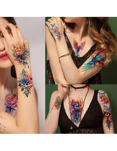52 Tatuajes Temporales Acuarelados Glaryyears - Set Floral y Mandala