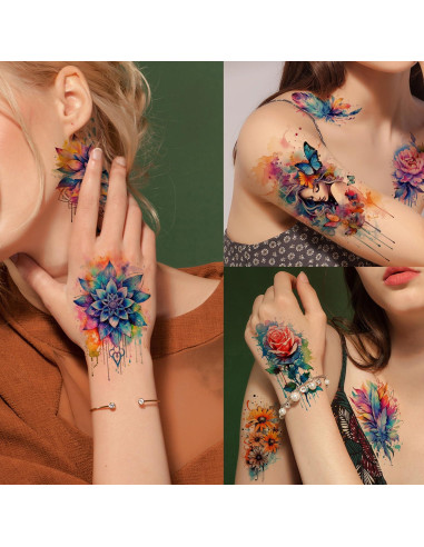 52 Tatuajes Temporales Acuarelados Glaryyears - Set Floral y Mandala