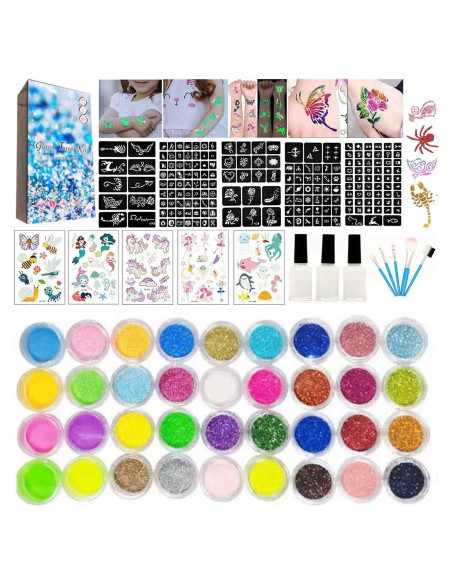 Kit de Tatuajes Temporales de Brillo Wxfhtda - 36 Colores y 187 Plantillas