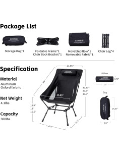 Silla de Camping LUSTIDE Negra Respaldo Alto 172kg Plegable 2