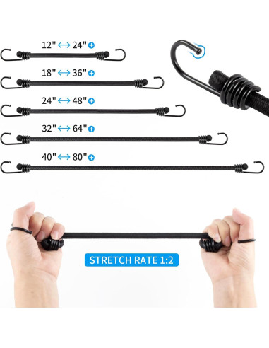 Cuerdas elásticas Kinzomor 30 cm con ganchos - Paquete de 10