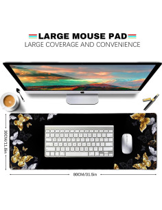 Alfombrilla de Ratón Grande LTHAOGUO Mariposas Negras y Doradas 800x300mm 2
