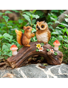 Estatua de Jardín Solar WONDHOME Búho y Ardilla 20.93x16cm 2