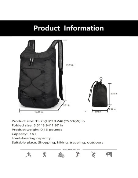 Mochila de Senderismo Plegable 16L Resistente al Agua B100 Negra