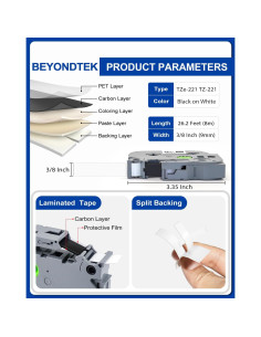 Cinta de Etiquetas Laminada 9mm BEYONDTEK TZE221 Blanca - Paquete de 6 2