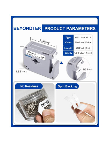 Cinta de Etiqueta 12mm BEYONDTEK MK231 Negro sobre Blanco 5 Paquetes