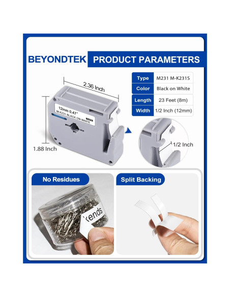 Cinta de Etiqueta 12mm BEYONDTEK MK231 Negro sobre Blanco 5 Paquetes