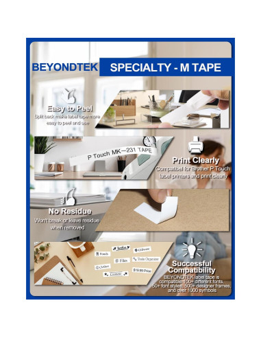 Cinta de Etiqueta 12mm BEYONDTEK MK231 Negro sobre Blanco 5 Paquetes