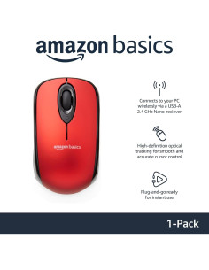 Ratón Inalámbrico Óptico Amazon Basics Rojo USB 2.4 GHz 2