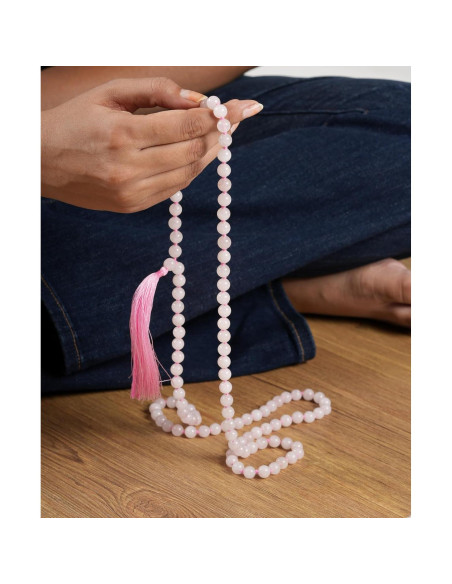 Collar Mala 108 Cuentas Cuarzo Rosa 8mm Hecho a Mano