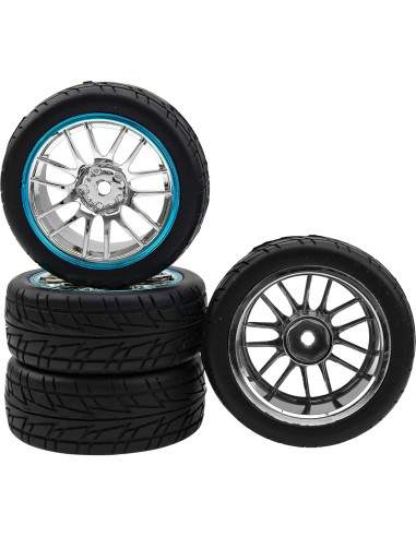 Conjunto de 4 Neumáticos RC 66mm Caucho + Llantas 12mm Azul