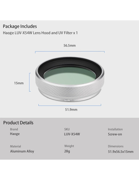 Capucha de Lente y Filtro UV Haoge LUV-X54W para Fujifilm X100V/X100VI
