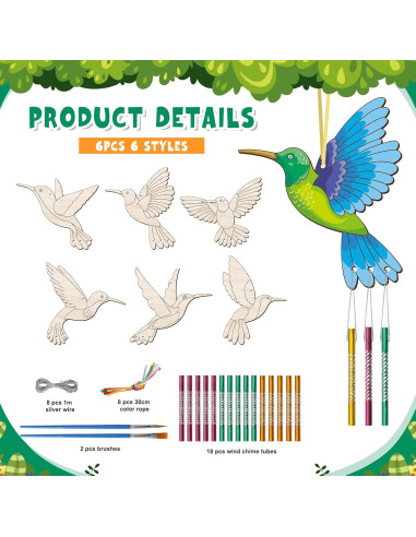 Kit de 6 Campanas de Viento de Madera BAPHILE Colibrí DIY