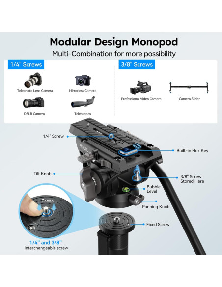 Monopie SIRUI MDP02 con patas, 188cm, carga 8kg, video
