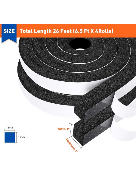 MAGZO Burlete de Espuma Aislante 1" x 1" x 8m - 4 Rollos