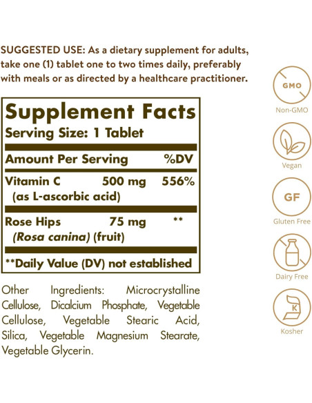 Vitamina C 500 mg Solgar con Rosa Mosqueta 250 Tabletas