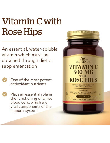 Vitamina C 500 mg Solgar con Rosa Mosqueta 250 Tabletas