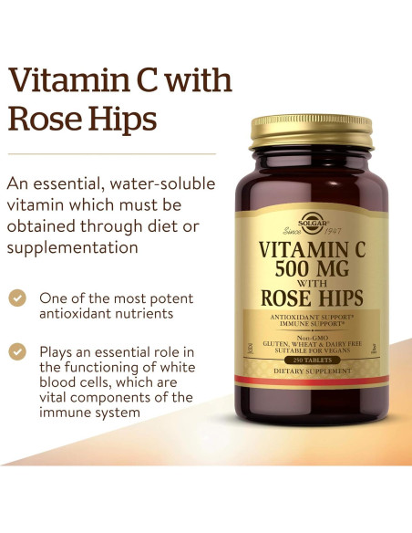 Vitamina C 500 mg Solgar con Rosa Mosqueta 250 Tabletas