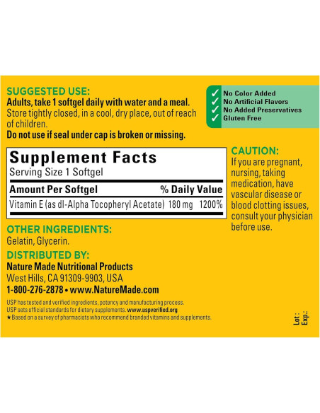 Nature Made Vitamina E 180 mg (400 IU) - 180 Gelatinas Blandas