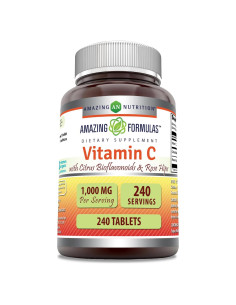 Suplemento de Vitamina C 1000 mg con Espino Rosa y Bioflavonoides | 240 Tabletas | No OGM | Sin Gluten | Hecho en EE. UU.