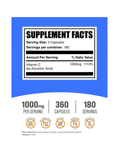 Cápsulas de Vitamina C 1000mg BulkSupplements - 360 Conteo