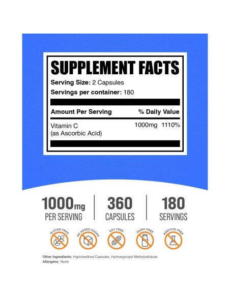 Cápsulas de Vitamina C 1000mg BulkSupplements - 360 Conteo