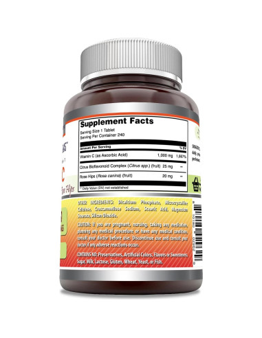 Suplemento de Vitamina C 1000 mg con Espino Rosa y Bioflavonoides | 240 Tabletas | No OGM | Sin Gluten | Hecho en EE. UU.