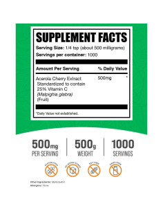 Polvo de Extracto de Cereza Acerola BulkSupplements 500g - Vitamina C Vegano 2