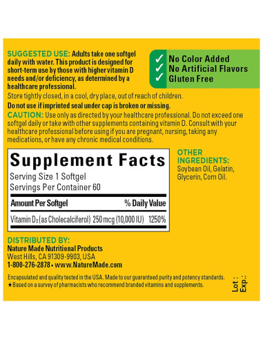 Nature Made Vitamina D3 10000 UI 250 mcg 60 Gelatinas Blandas