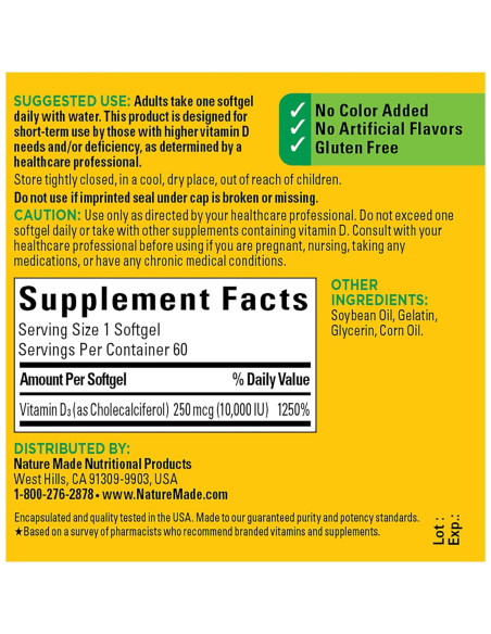 Nature Made Vitamina D3 10000 UI 250 mcg 60 Gelatinas Blandas