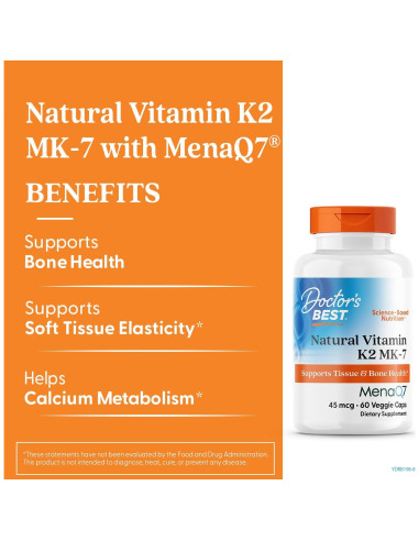 Vitaminas K2 MK-7 Doctor's Best 60 Cápsulas Veganas Sin Gluten