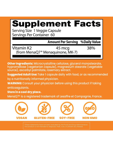 Vitaminas K2 MK-7 Doctor's Best 60 Cápsulas Veganas Sin Gluten