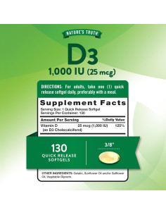 Vitamina D3 1000 IU Verdad de la Naturaleza 130 Gelatinas Blandas 2