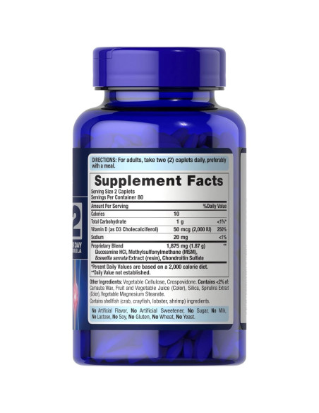 Suplemento Dietético Glucosamina, Condroitina y MSM Puritan's Pride 160 Tabletas