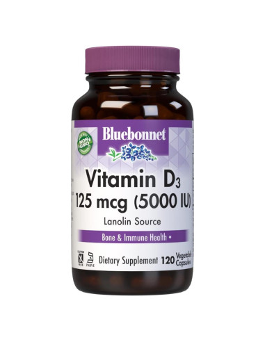 Suplemento Vitamina D3 5000 UI Bluebonnet 120 Cápsulas Vegetales