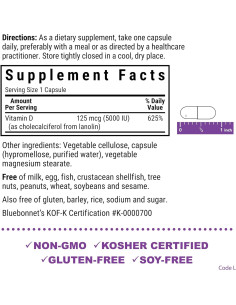 Suplemento Vitamina D3 5000 UI Bluebonnet 120 Cápsulas Vegetales 2