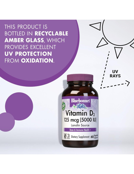 Suplemento Vitamina D3 5000 UI Bluebonnet 120 Cápsulas Vegetales Suplemento Vitamina D3 5000 UI Bluebonnet 120 Cápsulas Vegetales
