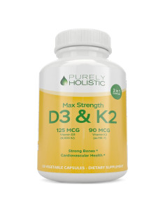 Vitaminas D3 5000 UI y K2 90 mcg MK7 Purely Holistic 150 Cápsulas Vegetarianas