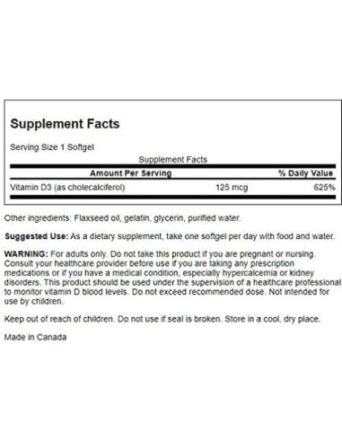 Suplemento Vitamina D3 Swanson 250 Cápsulas Blandas