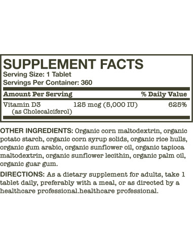 Vitamina D3 Orgánica Futurebiotics 5000 UI 360 Tabletas