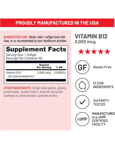 NatureWise Vitamina B12 3000 mcg - Suplemento Energético - 60 Gelatinas Blandas