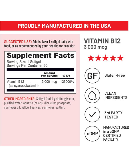 NatureWise Vitamina B12 3000 mcg - Suplemento Energético - 60 Gelatinas Blandas