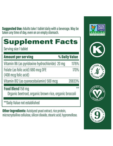 MegaFood Vitamina B12 Vegana 30 Tabletas - Energía y Nervios