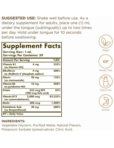 Suplemento Líquido B-12 Solgar 59.15 ml - Vegano y Sin Gluten