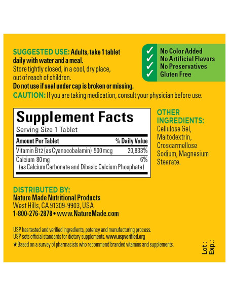 Nature Made Vitamina B12 500 mcg - 100 Tabletas Suplemento Energético