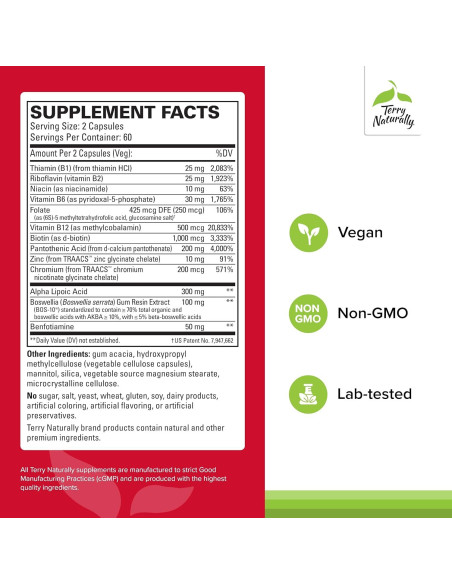 Suplemento Herbal Terry Naturally Pies y Nervios Saludables - 120 Cápsulas Veganas con Vitamina B12 y Boswellia